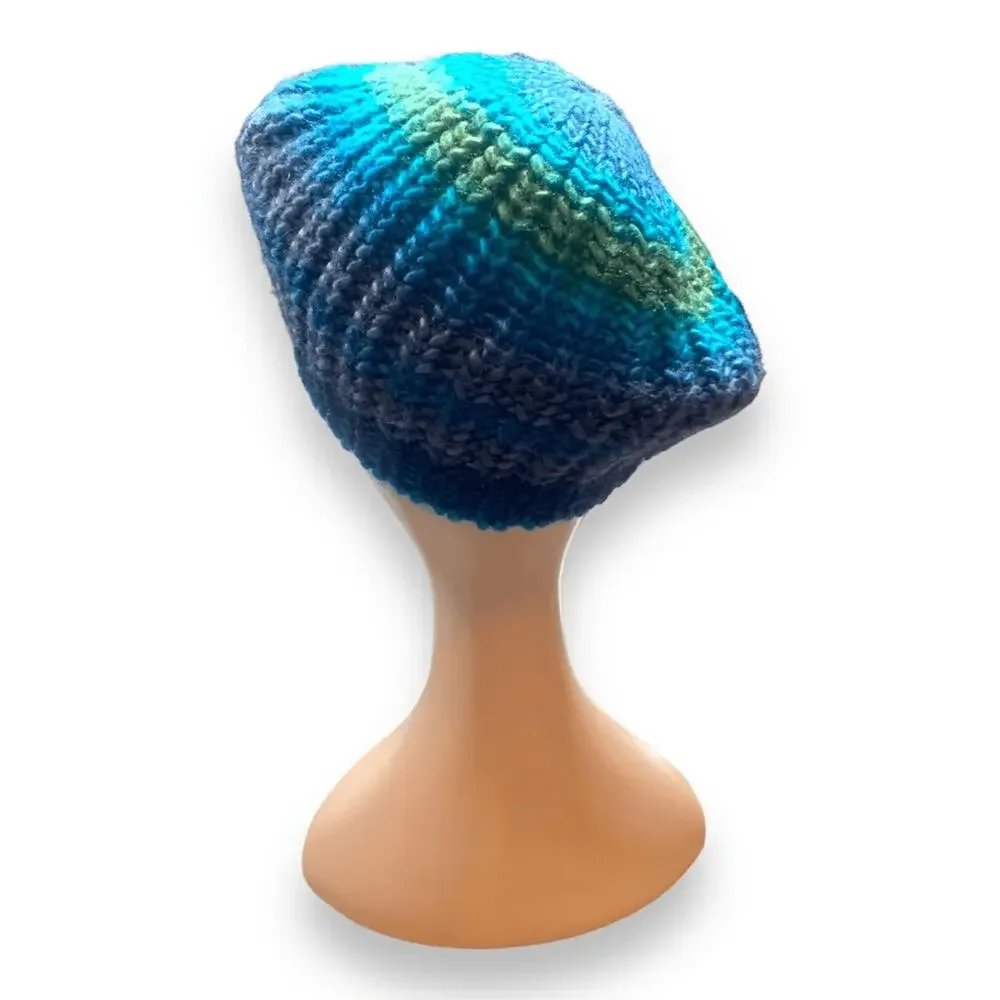 Knit Beret Hat Green Blue Tonal Shades Slouchy‎ Multicolor Winter Cap Warm